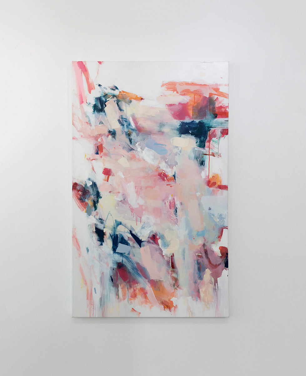 A light pink and white abstract painting by Kelly Rossetti with dark blue and red accents hangs on a gallery wall.