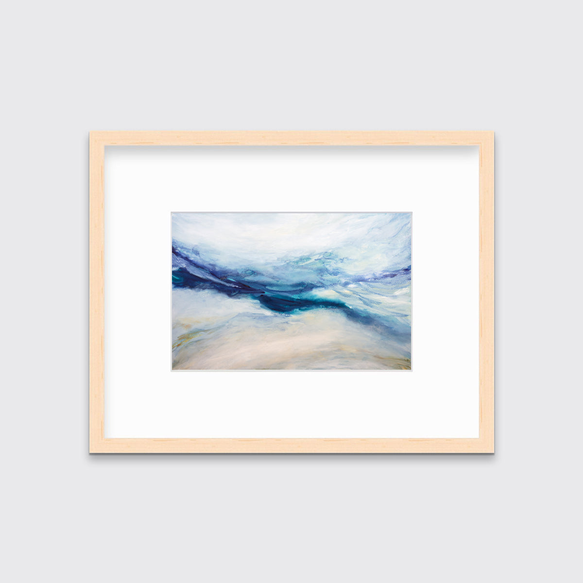 A white, blue, purple and beige abstract print in a natural wood frame with a mat hangs on a white wall.