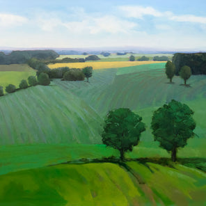 A green landscape painting. 
