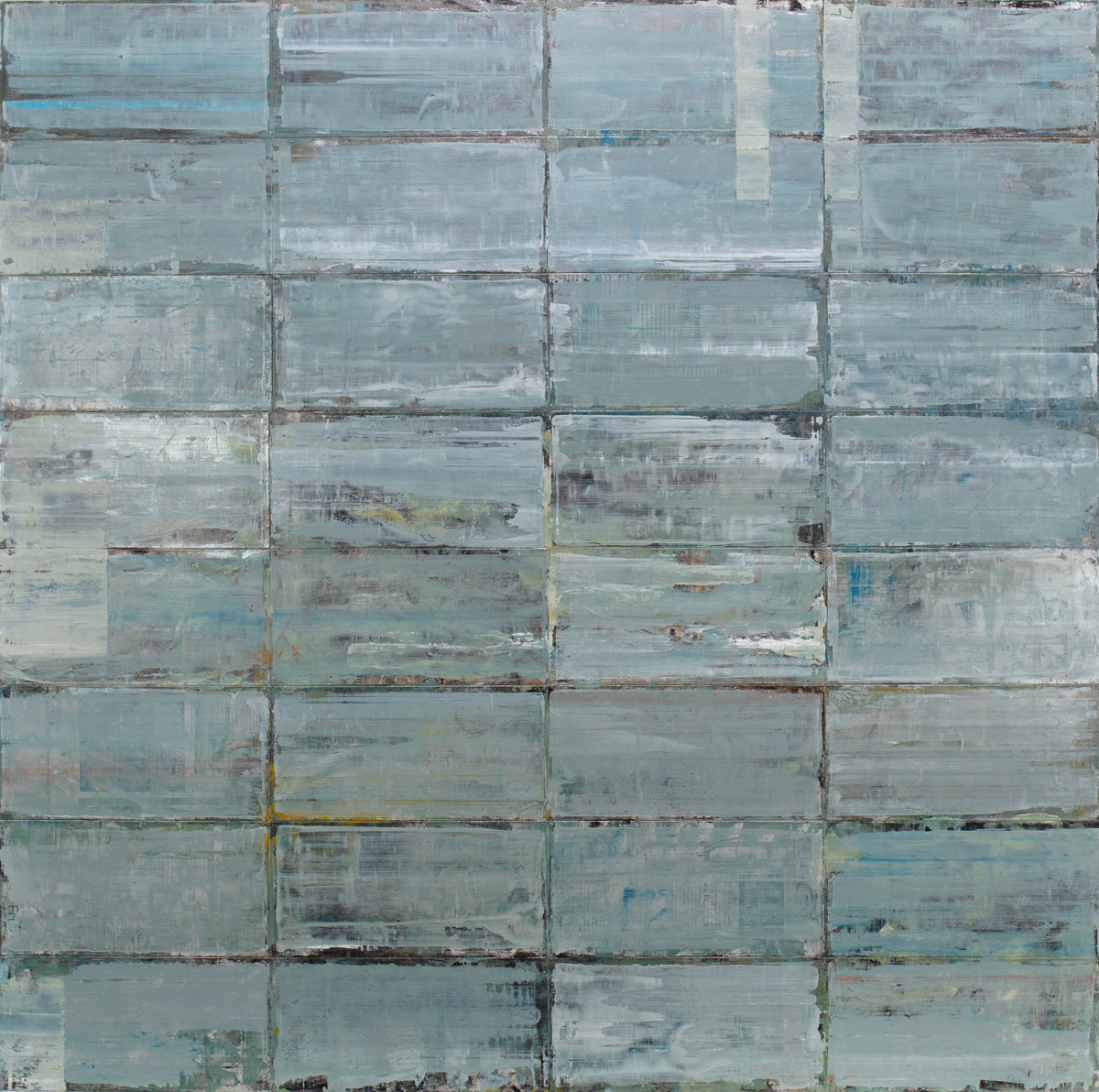 A blue and grey geometric abstract painting by Ned Martin.
