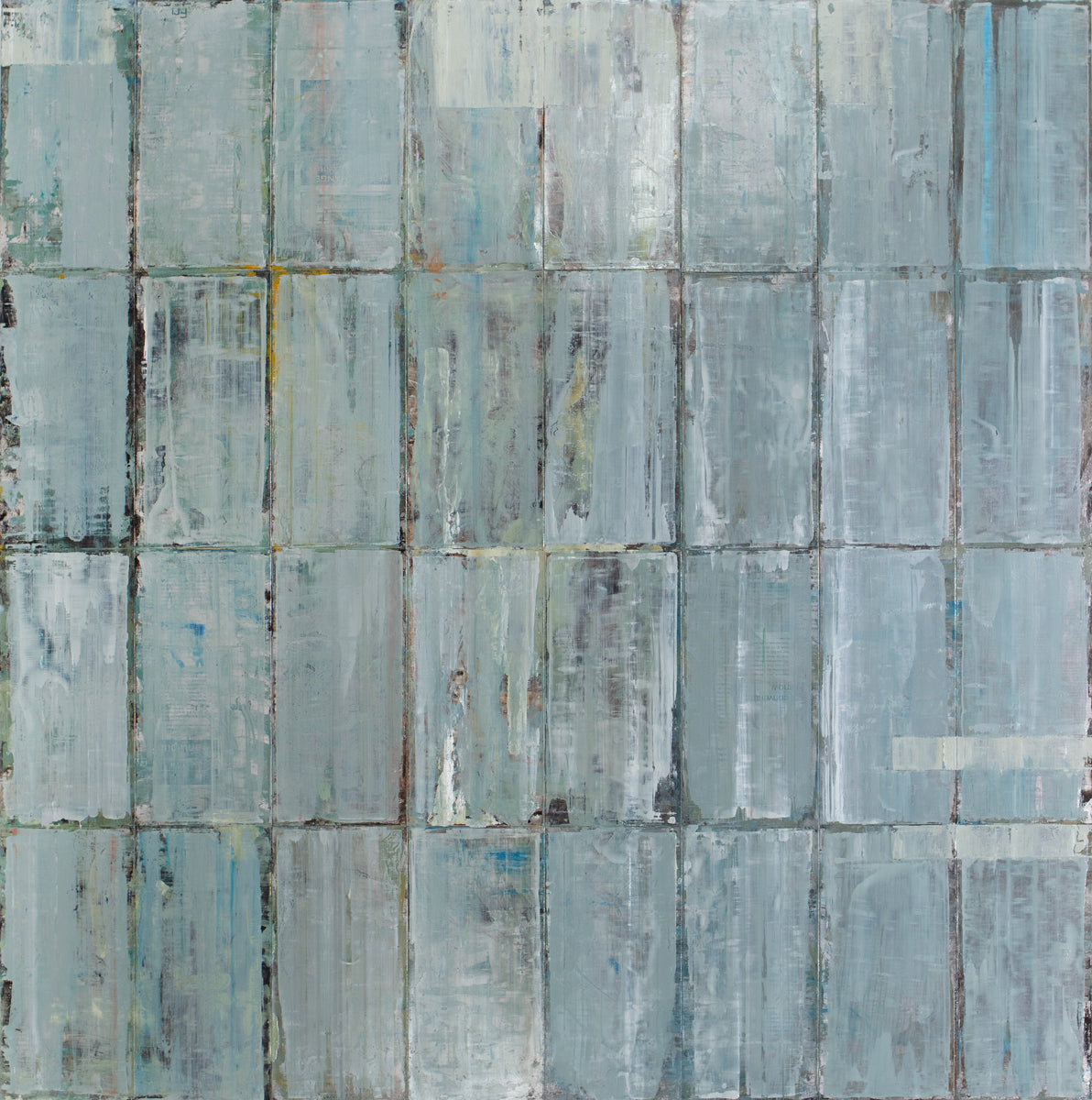 A blue and grey abstract geometric painting by Ned Martin.