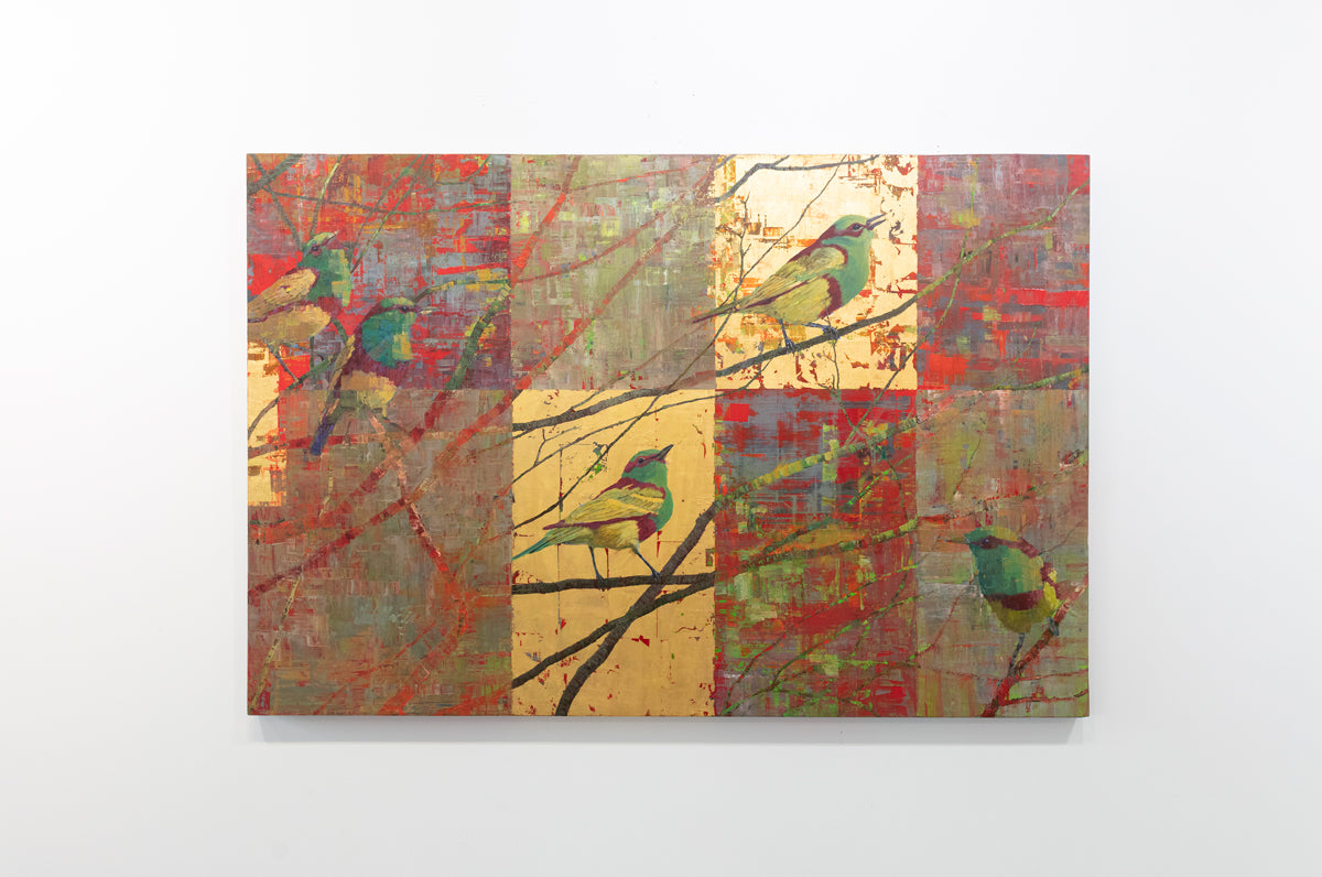 Abstract artwork with birds and branches on a textured background