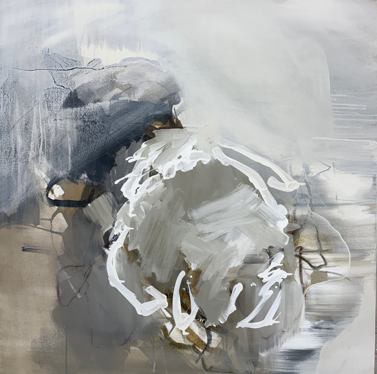 Abstract painting with a central figure in neutral tones