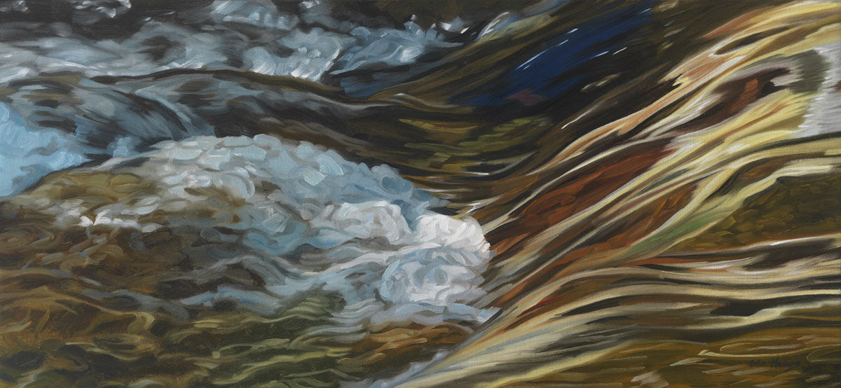 A painting of bubbling water flowing in a rocky river.