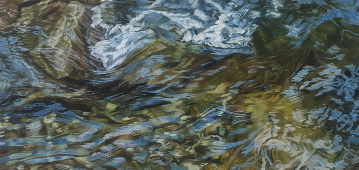 A painting of flowing water in a rocky riverbed.