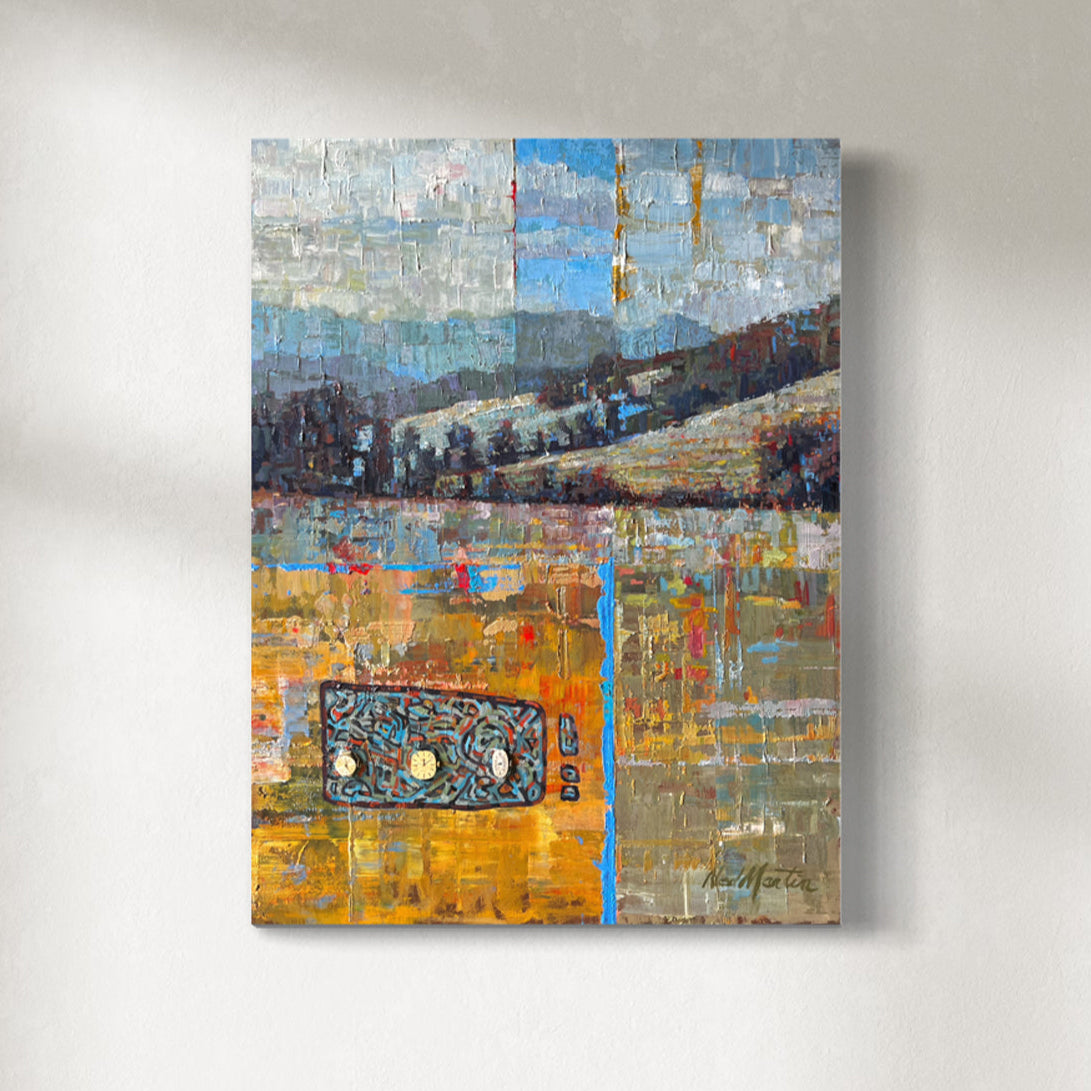 A vertical orientation artwork featuring a blend of natural landscapes and abstract elements in blue, brown, and other colors.
