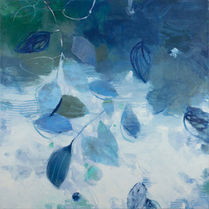 An abstract blue floral painting by Kay Flierl. 