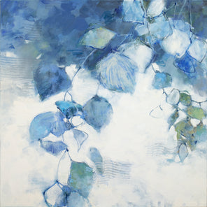 A blue and white abstract floral painting by Kay Flierl. 