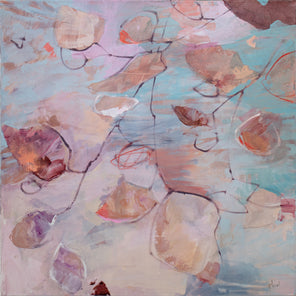 A light pink, beige, teal and salmon abstract floral painting by Kay Flierl.