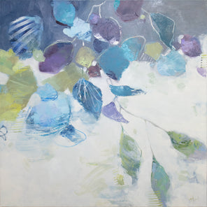 A blue, purple, teal and green abstract floral painting by Kay Flierl.