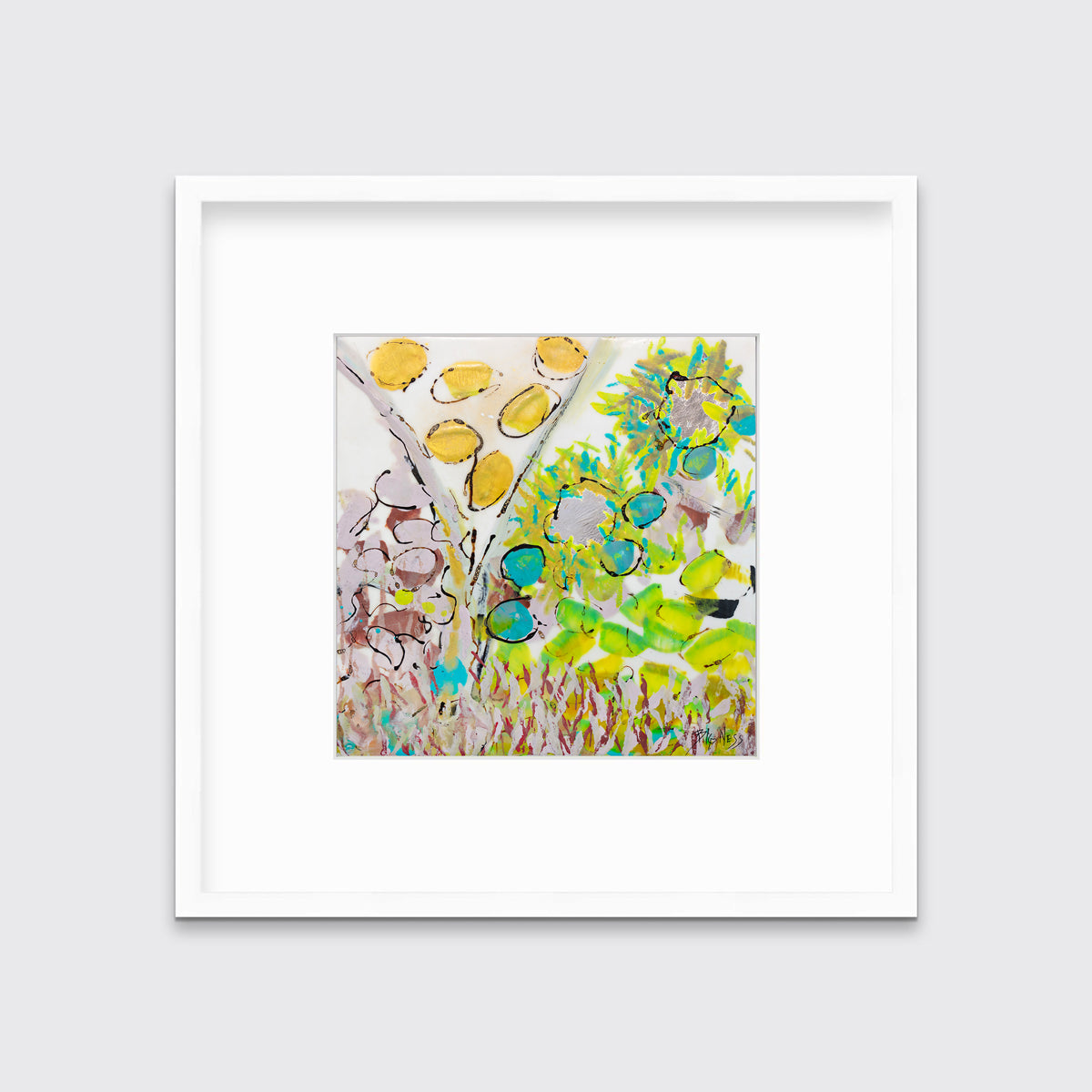 A yellow, green and red abstract floral print in a white frame with a mat hangs on a white wall.