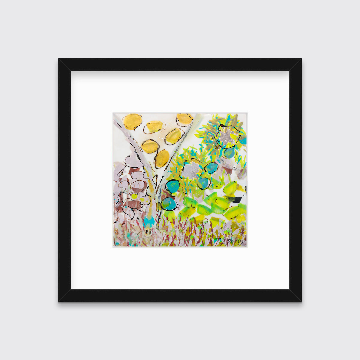 A yellow, green and red abstract floral print in a black frame with a mat hangs on a white wall.