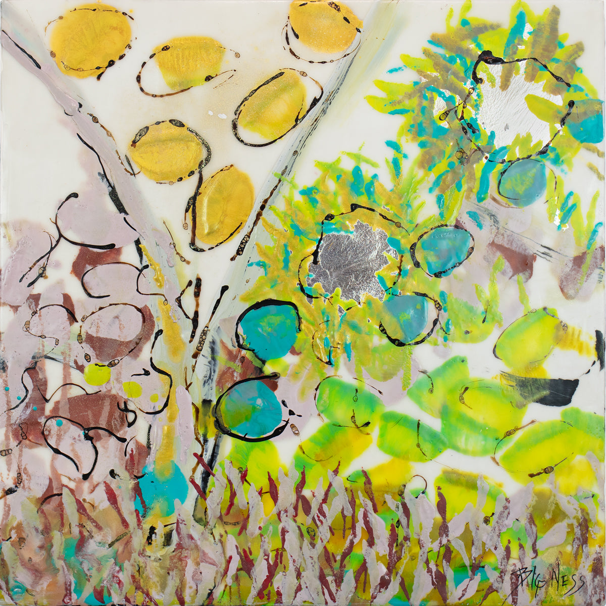A yellow and green abstract painting by Linda Bigness.