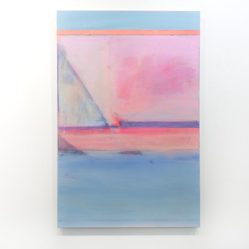 A pink and blue abstract painting hangs on a white wall.