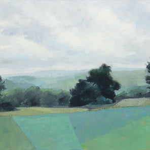 A light green abstracted landscape painting. 