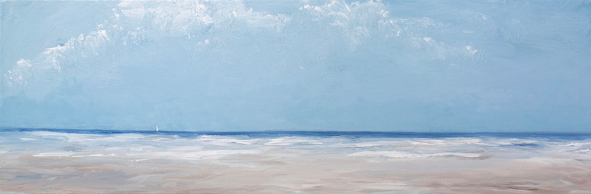 A textured blue and beige coastal painting of a beach by S. Cora Aldo.