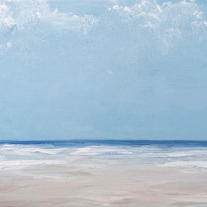 A textured blue and beige coastal painting of a beach by S. Cora Aldo.