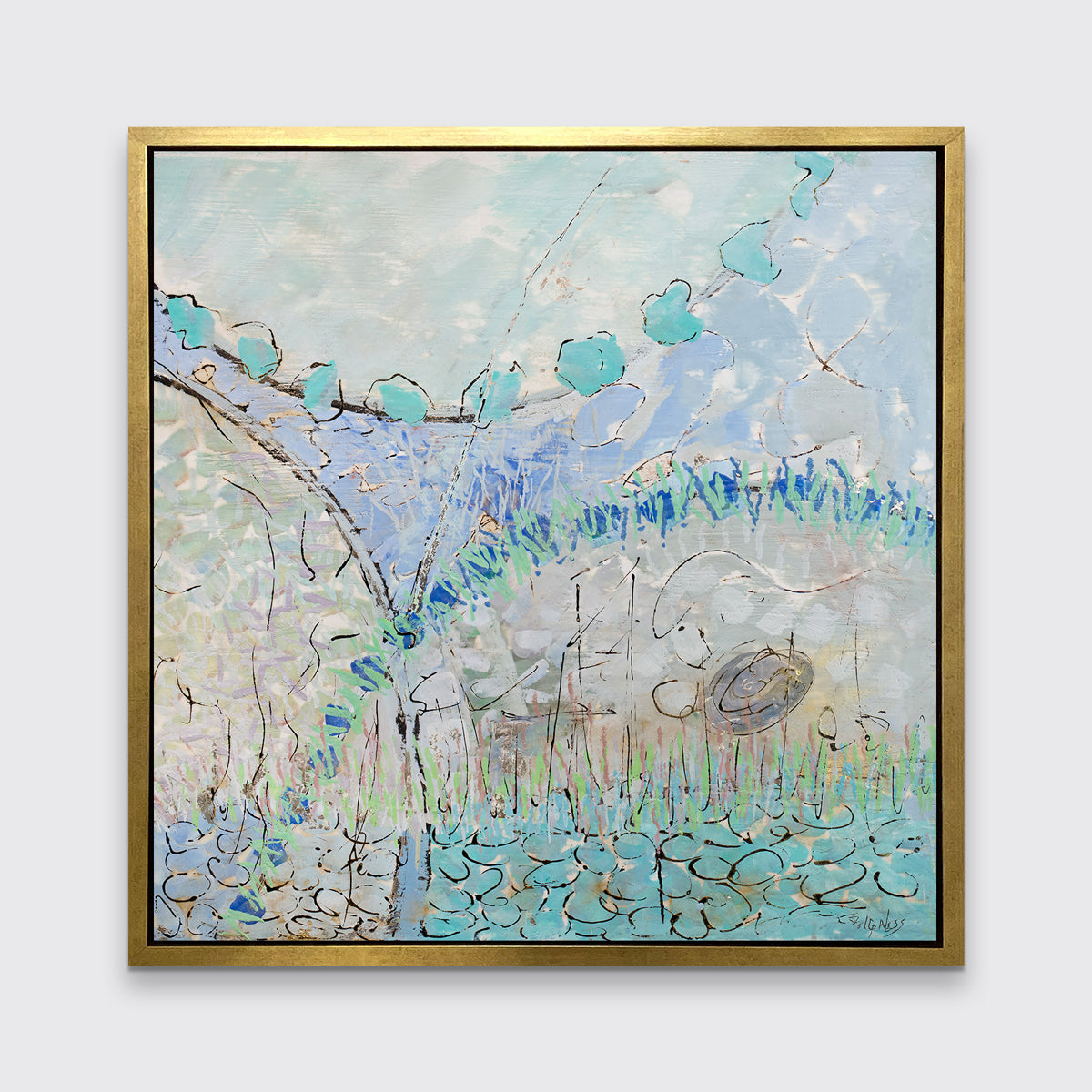 A teal, lavender, black and grey abstract print in a gold floater frame hangs on a white wall.