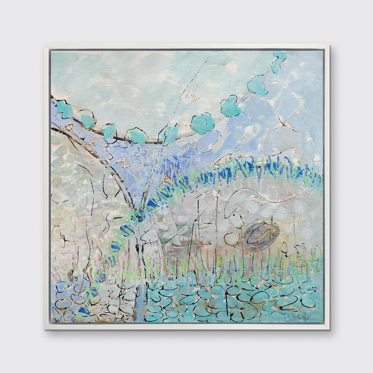 A teal, lavender, black and grey abstract print in a white floater frame hangs on a white wall.