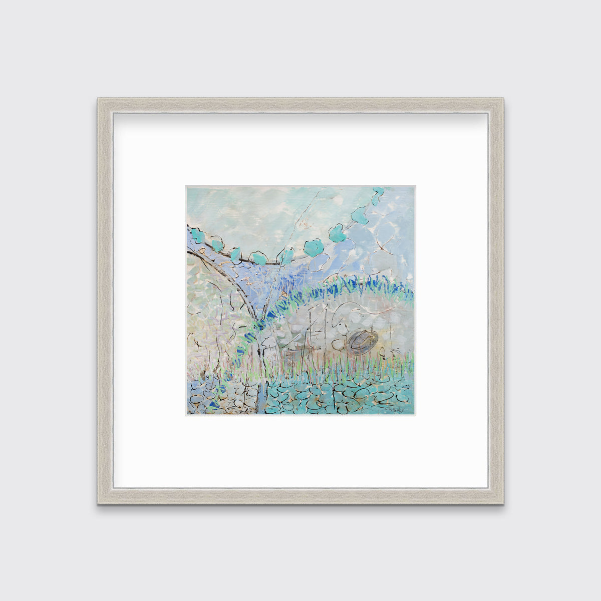 A teal, lavender, black and grey abstract print in a silver frame with a mat hangs on a white wall.