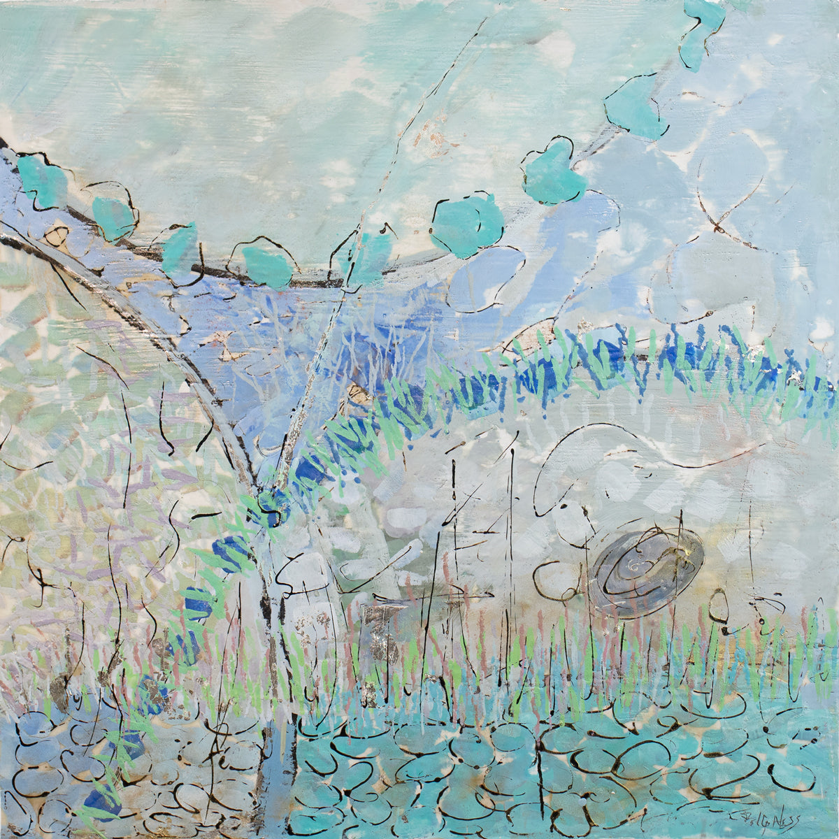 An abstract blue painting by Linda Bigness.