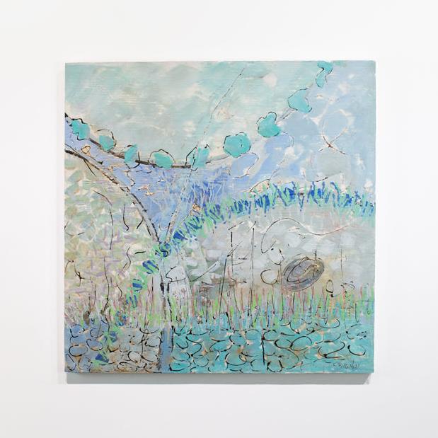 A blue and turquoise abstract painting hangs on a white wall.