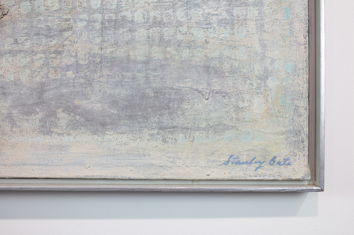 A close-up view of the bottom right corner of a painting by Stanley Bate which displays the artist's signature.