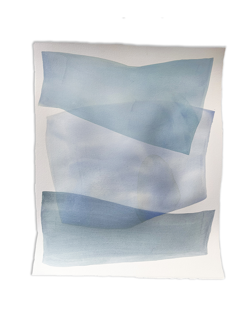 A watercolor painting of blue and turquoise stacked forms painted by Nealy Hauschildt. Wired and ready to hang.