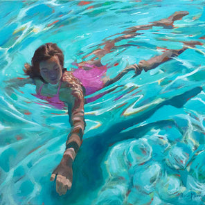 A painting of a woman in a pink swimsuit floating in teal water and partially abstracted.