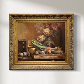 Framed oil on canvas painting featuring a still life of hydrangeas and other fruits and vegetables, set against a warm background.