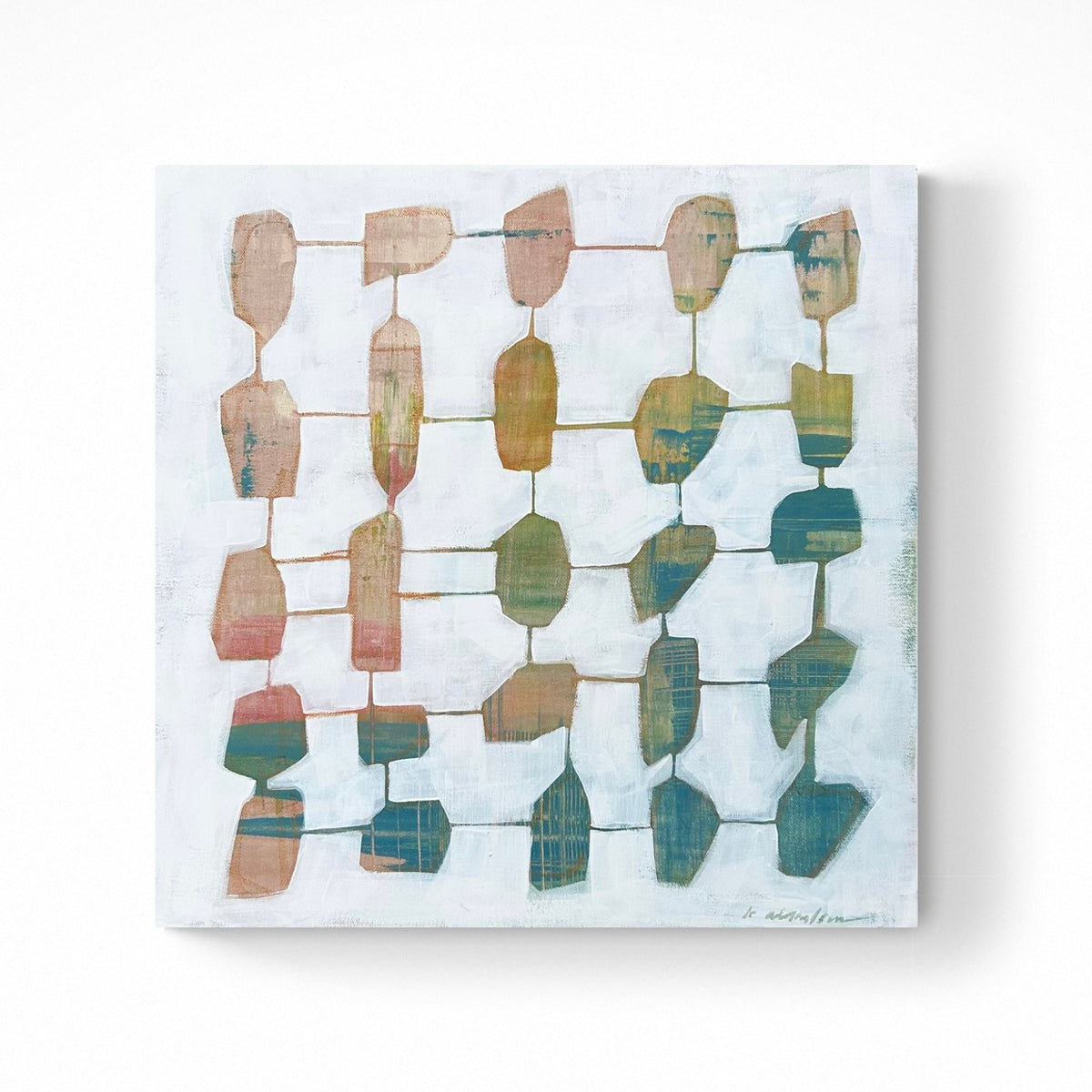 An abstract painting hangs on a white wall.