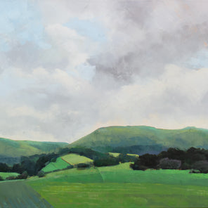 A light grey and shades of green landscape painting by Molly Doe Wensberg.