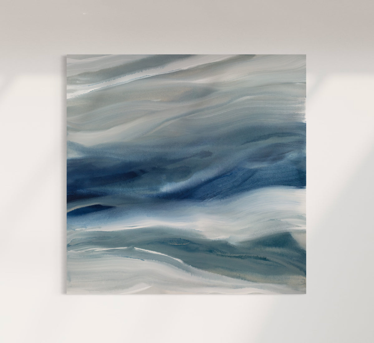 A blue, teal, beige and white abstract canvas stretched print by Teodora Guererra.