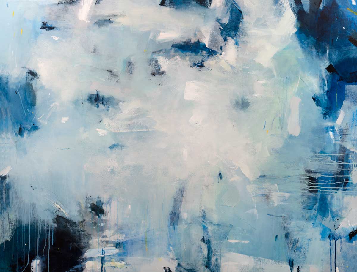 A blue and white abstract print by Kelly Rossetti with black accents.