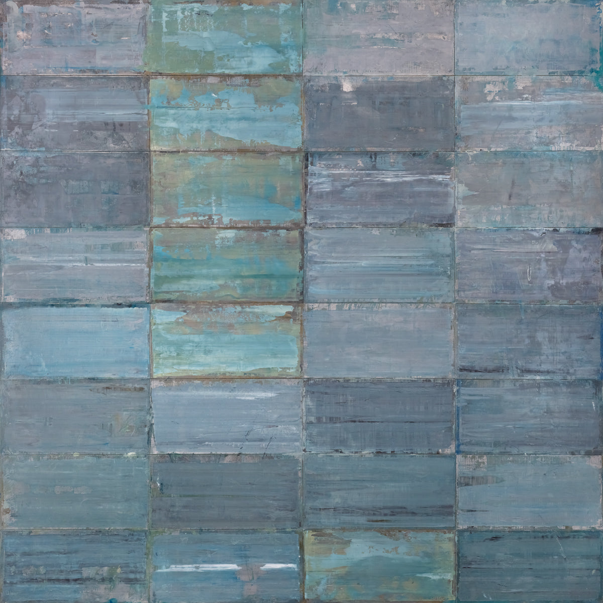 Detail of an abstract geometric slate blue and sea foam green limited edition art print by Ned Martin.