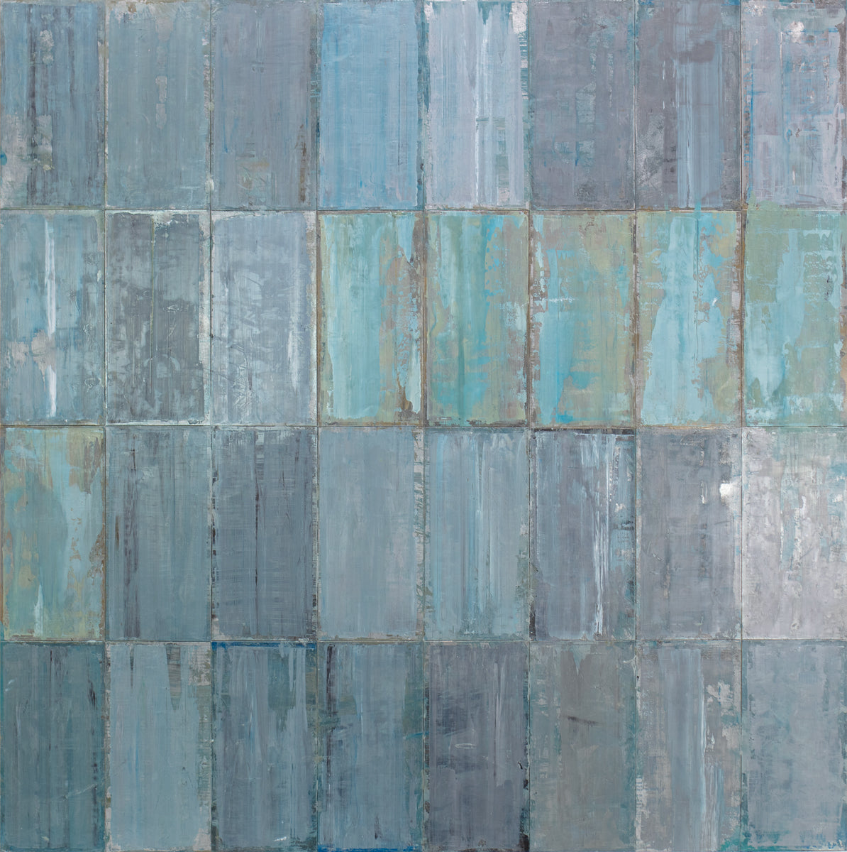 A blue and grey abstract geometric painting by Ned Martin.