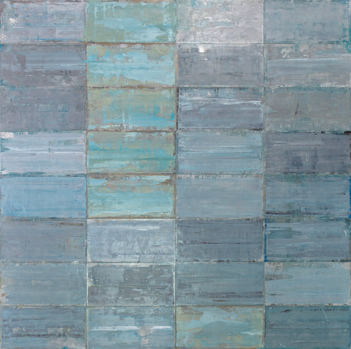 A blue and grey abstract geometric painting by Ned Martin.