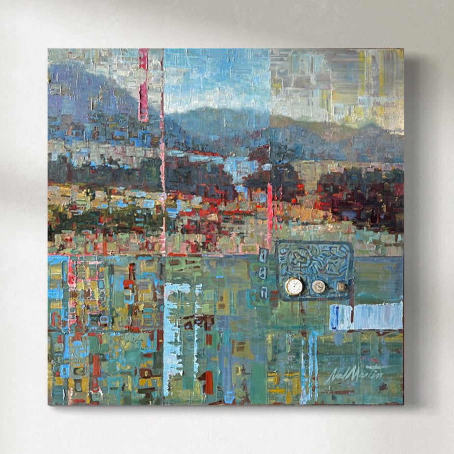 A 24x24 inch original artwork featuring a representational painting with a mix of warm and cool colors, predominantly featuring blue, and other natural colors, on a square canvas.