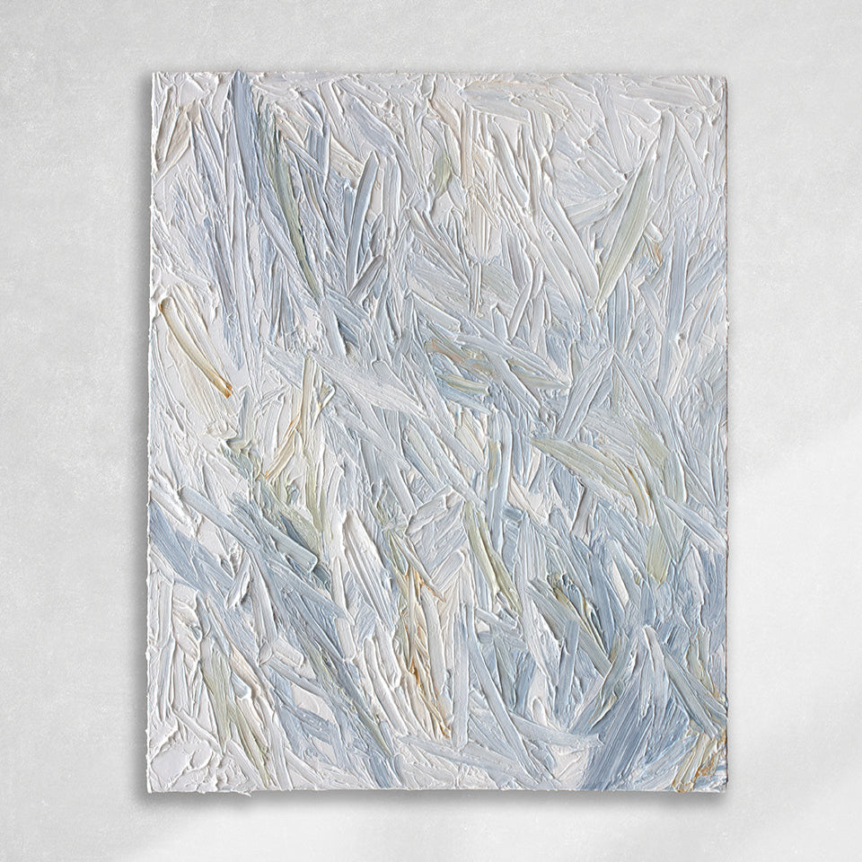 An abstract painting with thickly textured blueish, orangish and greenish beige brushstrokes is hung on a gallery wall.