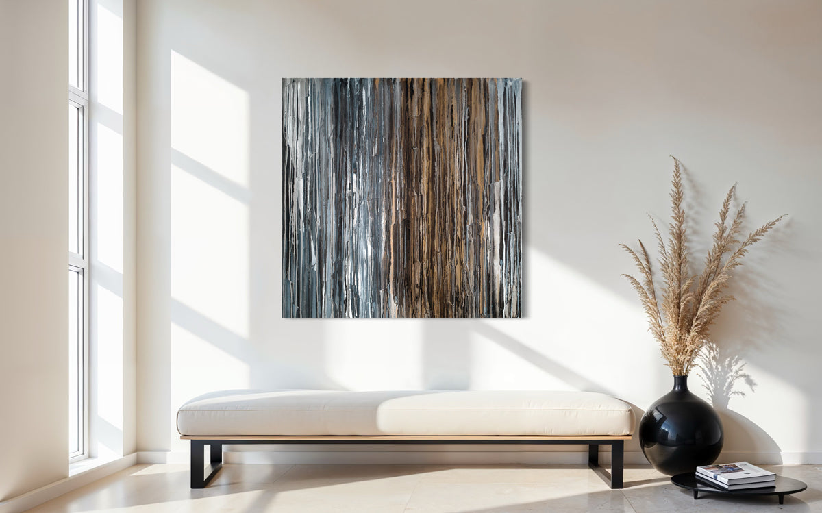 Abstract painting on a wall in a modern living room with a bench and decorative vase with a 48" x 48" original abstract painting with beige, black, brown, gray, and white dripped oil paint, titled 'Just Add Shoes' by Teodora Guererra.