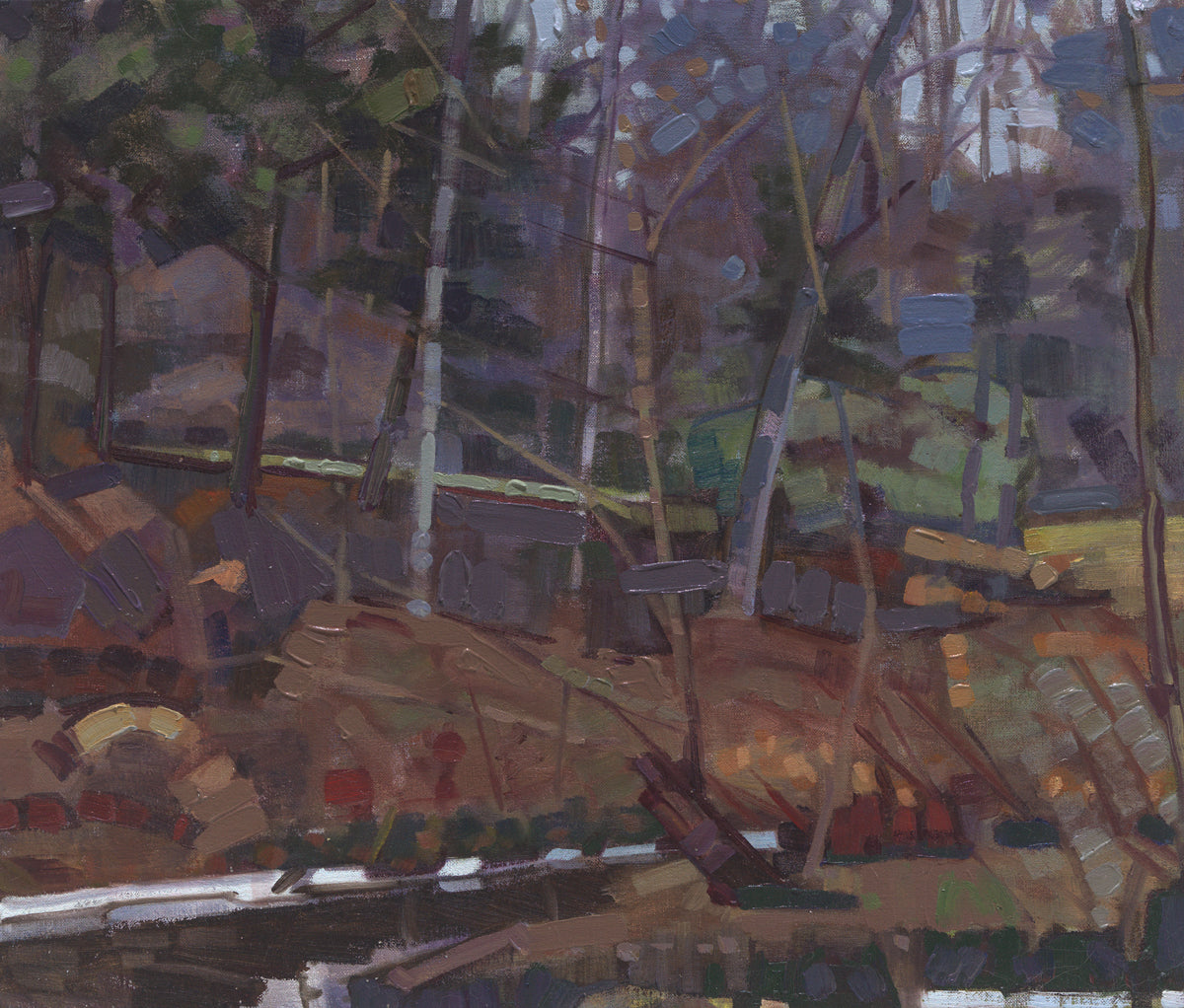 A brown, grey and green abstract landscape print by John Harris.