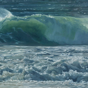 A painting of ocean waves rolling onto shore by John Harris. 
