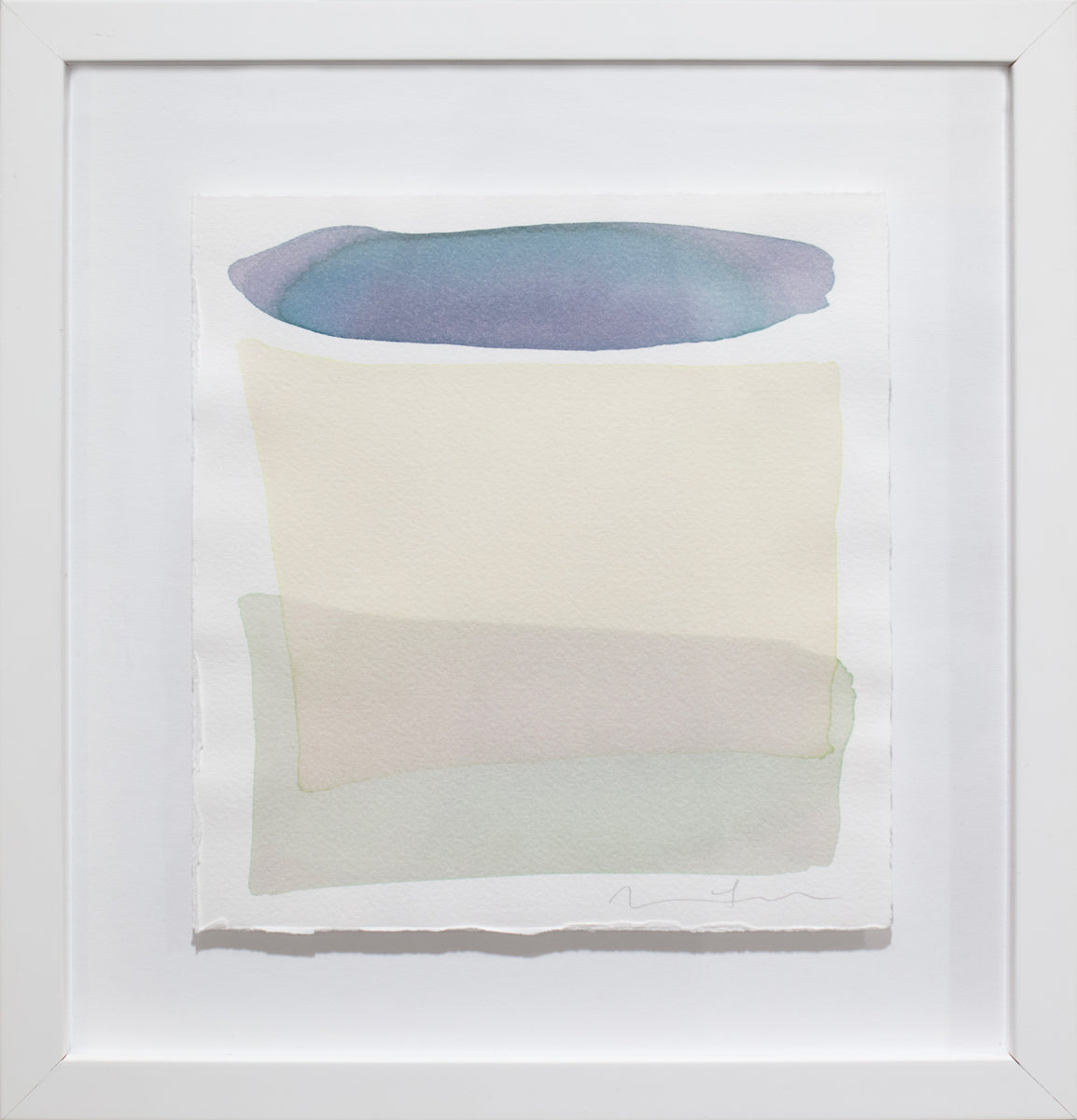 A teal blue with purple, pale yellow and light sea foam green shapes overlap in this painting by Nealy Hauschildt is float mounted in a white frame.