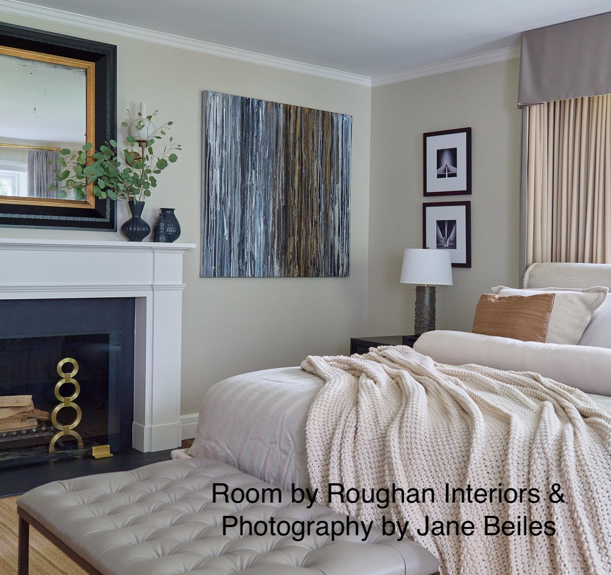 An original abstract painting with beige, black, brown, gray, and white dripped oil paint, titled 'Just Add Shoes' by Teodora Guererra hangs in a staged room by Roughan Interiors photographed by Jane Beiles.