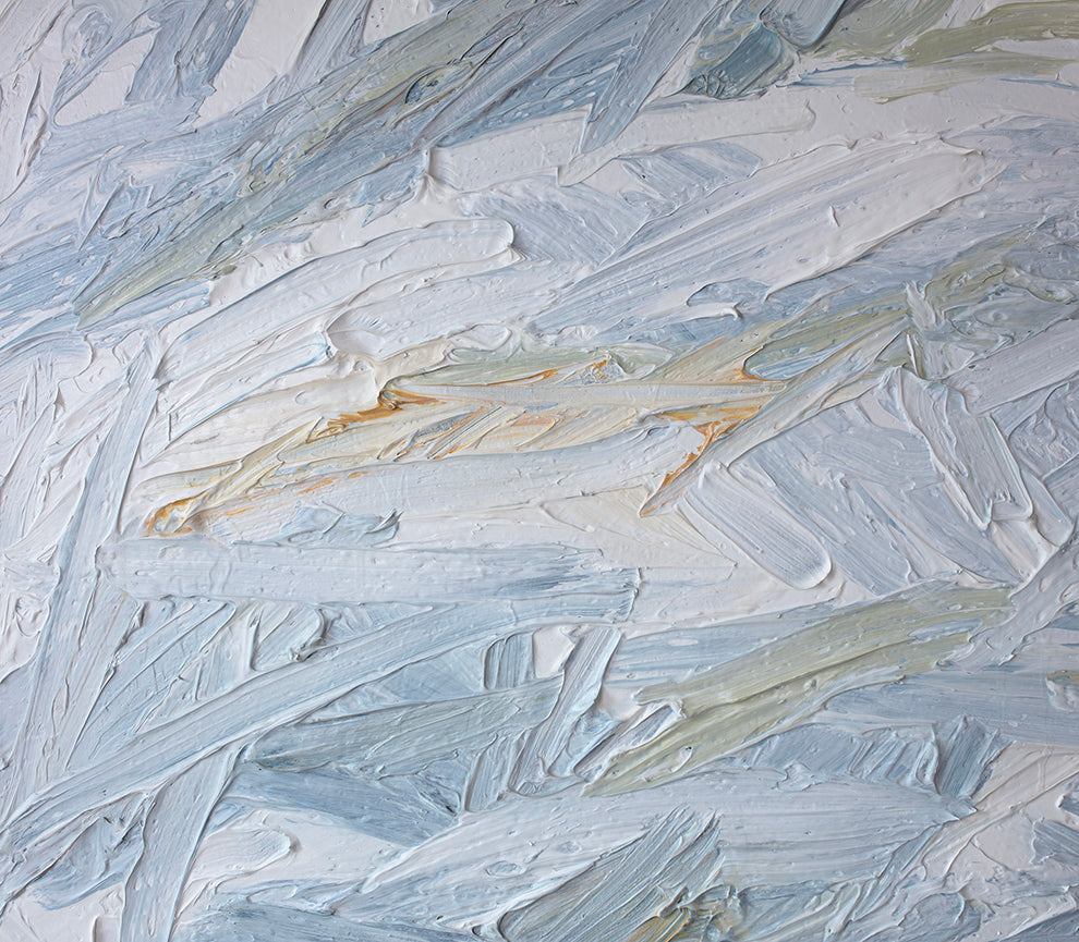 close up detail of the abstract impasto painting called "Just Another Day" by Teodora Guererra.