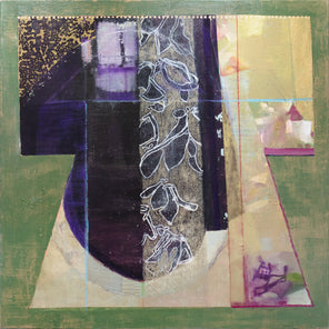 A green, gold, black and purple abstract painting by Christine Averill-Green.