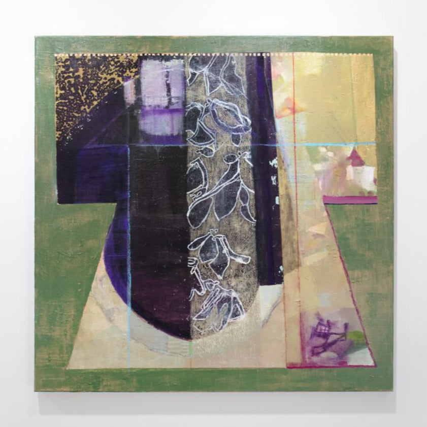 A green, gold, black and purple abstract painting by Christine Averill-Green hangs on a white wall.