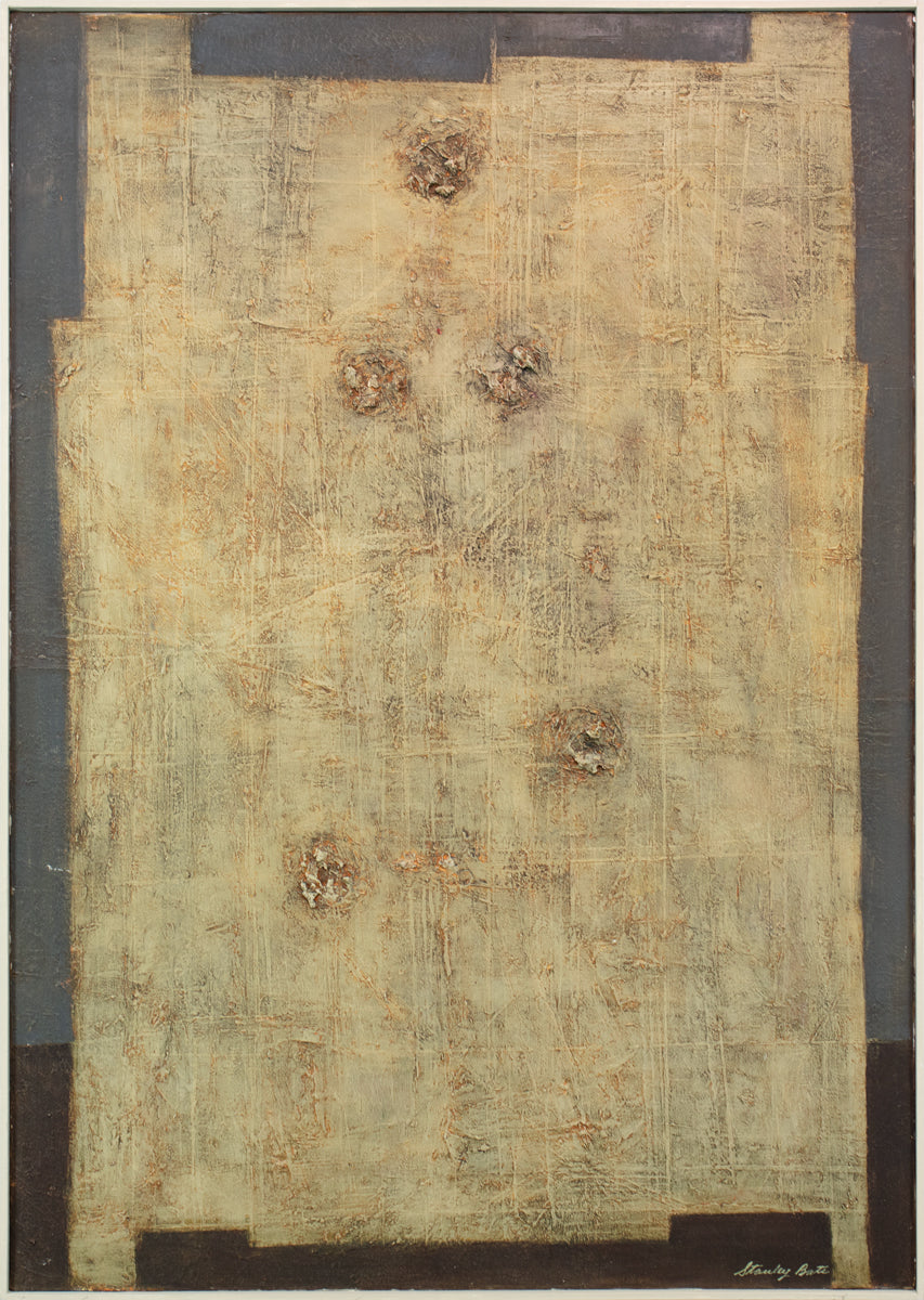 A grey and warm yellow beige abstract painting by Stanley Bate framed in a white frame.