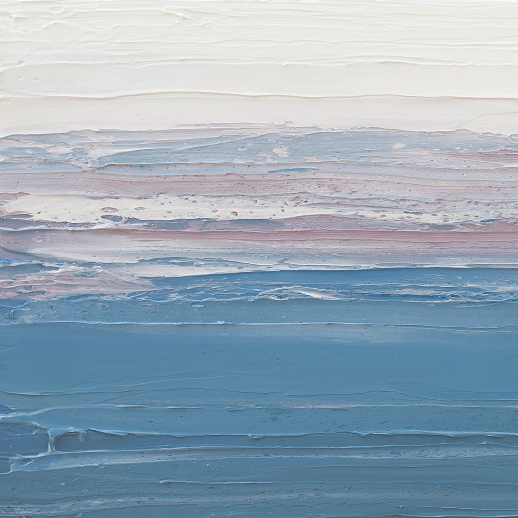 A blue, light pink, coral and white thickly textured detail of an abstract painting by Teodora Guererra.