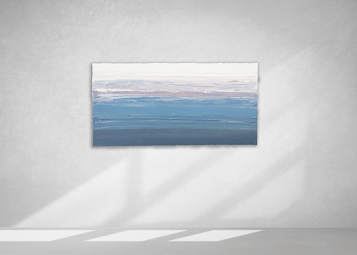 A blue, lavender and white thickly textured abstract painting hanging on a white wall in natural light by Teodora Guererra.